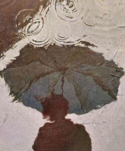 E' raffigurato il riflesso di un uomo con l'ombrello in uno specchio d'acqua increspato da cerchi concentrici.