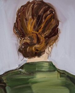 Dipinto che ritrae solo la testa e le spalle di una donna che ha i capelli castani e indossa una camicia verde bottiglia.